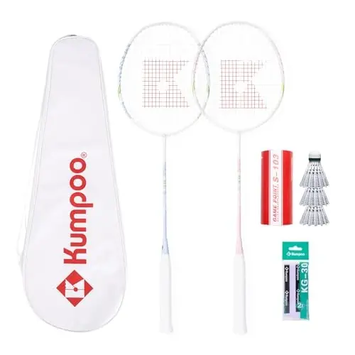 KUMPOO Badminton Racket Set of 2 Carbon Shaft Rackets, 3 Shuttlecocks, 2 Overgrips and 1 Racket Bag | Badminton Rackets and Birdies Complete Sets for 2 Players Backyards Games Beginners Adults - 1