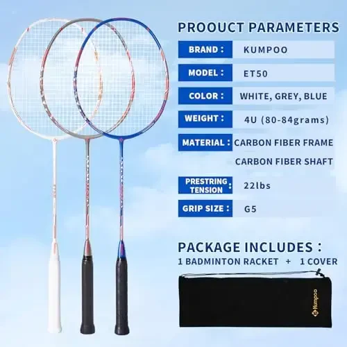 KUMPOO Badminton Racket Carbon Fiber, Badminton Racquet Set with Cover, Badminton Professional Racket Durable for Beginners Outdoor Games Gym - 1