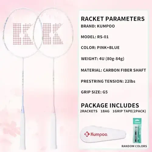 KUMPOO Professional Badminton Racket, Lightweight Badminton Racket, High Tension String Full Carbon Fiber Shaft Badminton Racket with Racket Cover Bag - 5