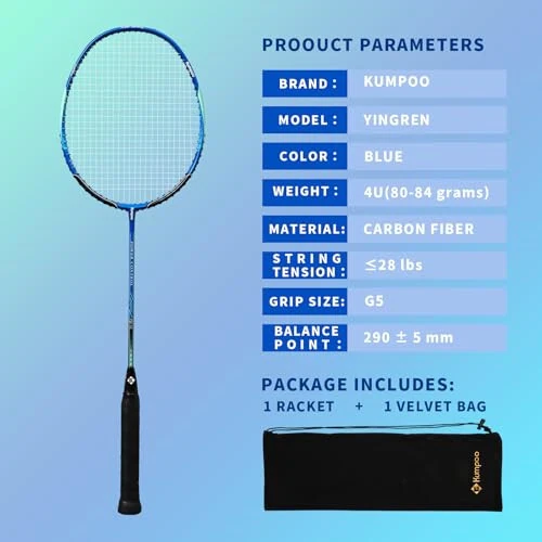 KUMPOO Professional Badminton Racket, Lightweight Badminton Racket, High Tension String Full Carbon Fiber Shaft Badminton Racket with Racket Cover Bag - 7