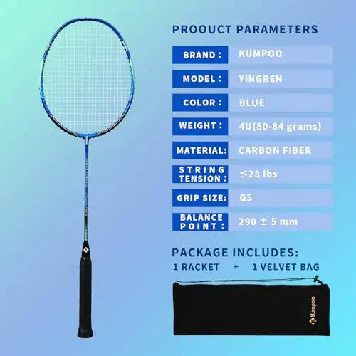 KUMPOO Professional Badminton Raketkasi, Yengil Badminton Raketkasi, Yuqori Kuchlanishli Simli To'liq Karbon Tolali Mil Badminton Raketkasi, Raketka Qopqog'i Xaltasi bilan - 7