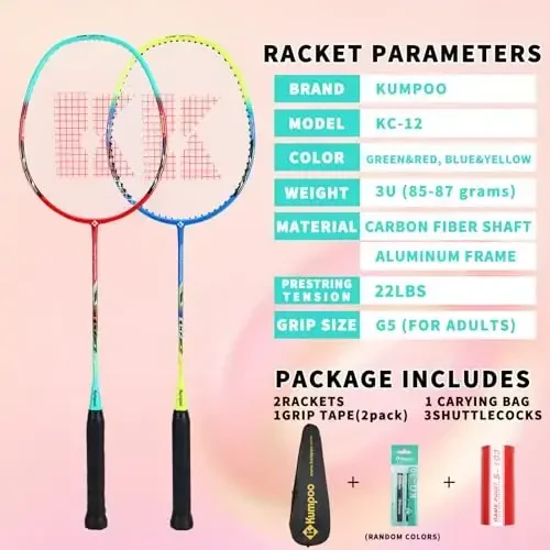 KUMPOO Professional Badminton Raketkasi, Yengil Badminton Raketkasi, Yuqori Kuchlanishli Simli To'liq Karbon Tolali Shaftiga ega Badminton Raketkasi, Raketka Qopqog'i Xaltasi bilan - MODAZONE