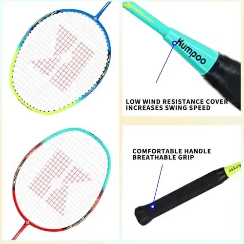 KUMPOO Professional Badminton Raketkasi, Yengil Badminton Raketkasi, Yuqori Kuchlanishli Simli To'liq Karbon Tolali Shaftiga ega Badminton Raketkasi, Raketka Qopqog'i Xaltasi bilan - 3