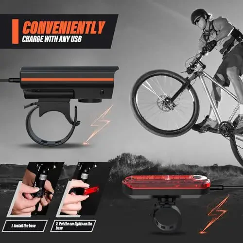 KUNHAK Rechargeable Bike Lights, Ultra Bright Bike Lights for Night Riding, Road Mountain Bike Accessories for Kids Adults - Headlight with Tail Light - 10