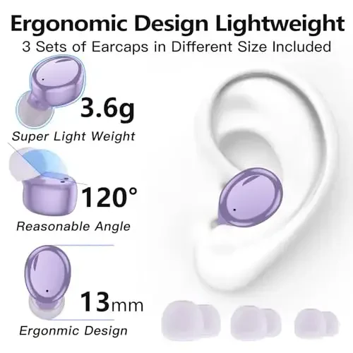 kurdene Wireless Earbuds Bluetooth 5.3 in Ear Buds Light Weight Headphones,Deep Bass Sound,Built in Mics Headset,Clear Calls Earphones for Sports Workout Light Purple - 5