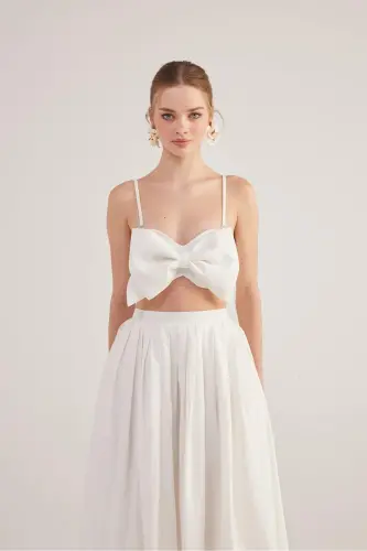 Kurdele Görünümlü Crop Jazmin Bluz Beyaz-Beyaz - 1