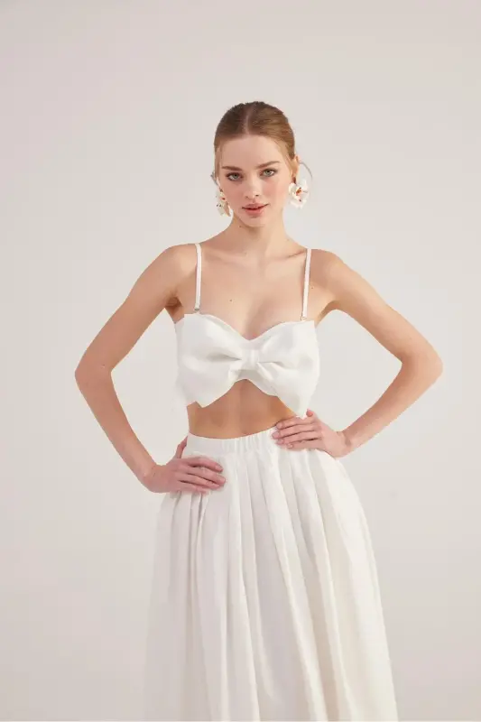 Kurdele Görünümlü Crop Jazmin Bluz Beyaz-Beyaz - 4