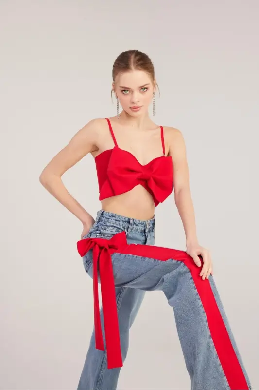 Kurdele Görünümlü Crop Jazmin Bluz Kırmızı-Kırmızı - 5