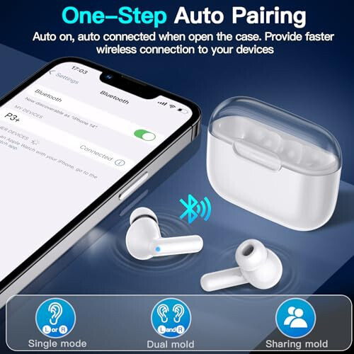 kurdene P3 Wireless Earbuds Bluetooth 5.3 Headphones, Deep Bass Stereo with Microphone Earphones in-Ear, Immersive Premium Sound Ear Buds for iPhone, Android-Clear - 4