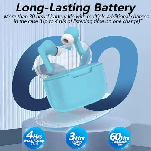 Kurdele P3 Wireless Earbuds Bluetooth Headphones, Deep Bass Stereo with Microphone Earphones in-Ear, Immersive Premium Sound Ear Buds for iPhone, Android - Blue - 2