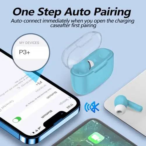 Kurdele P3 Wireless Earbuds Bluetooth Headphones, Deep Bass Stereo with Microphone Earphones in-Ear, Immersive Premium Sound Ear Buds for iPhone, Android - Blue - 3