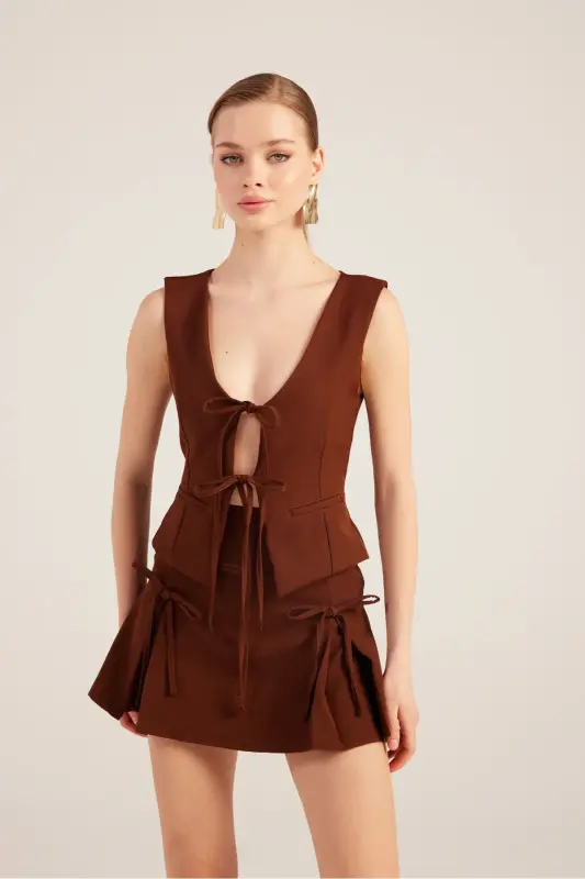 Kurdeleli Baland bel Pilili Mini Elena Short Yubka K - 7