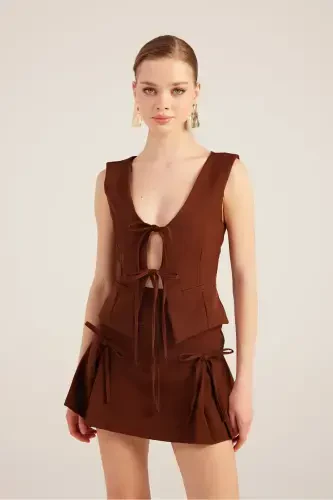 Kurdeleli Baland bel Pilili Mini Elena Short Yubka K - 4