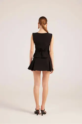 Kurdeleli Baland Belli Pliseli Mini Elena Short Yubka Etek S - 6