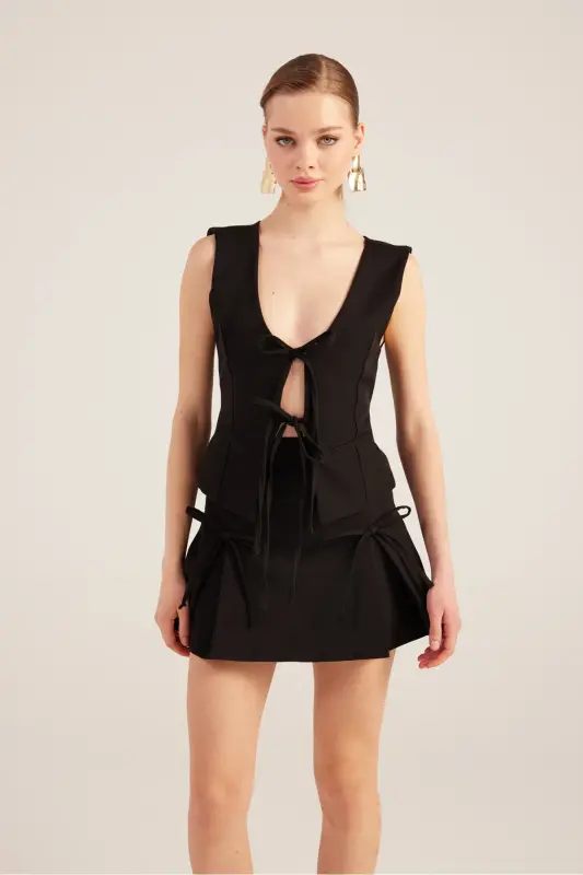 Kurdeleli Baland Belli Pliseli Mini Elena Short Yubka Etek S - 2