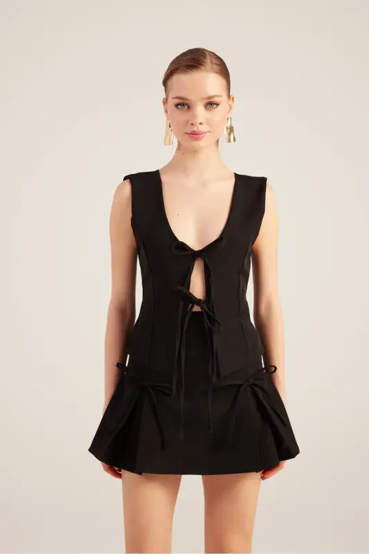 Kurdeleli Baland Belli Pliseli Mini Elena Short Yubka Etek S - 7