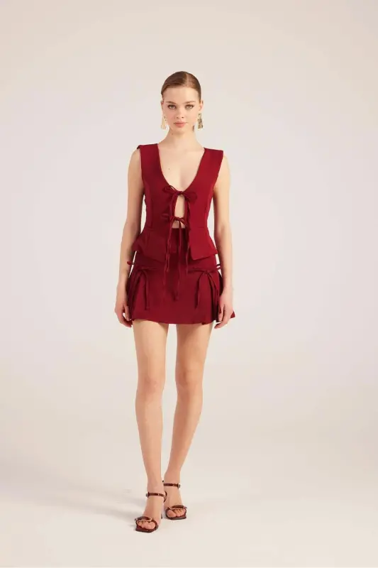 Kurdeleli Yüksek Bel Pilili Mini Elena Short Etek B - 5
