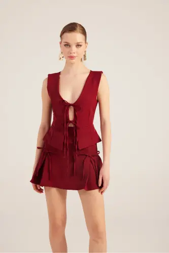 Kurdeleli Yüksek Bel Pilili Mini Elena Short Etek B - 2