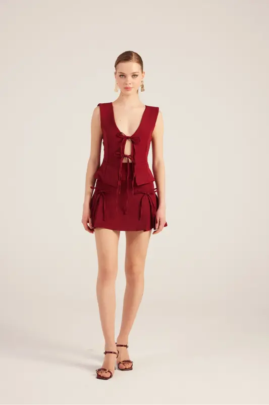 Kurdeleli Yüksek Bel Pilili Mini Elena Short Etek B - 4