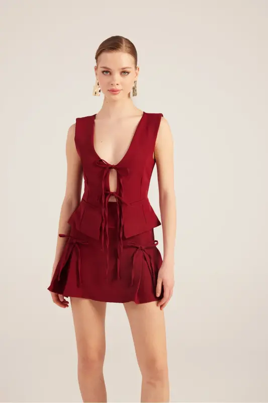 Kurdeleli Yüksek Bel Pilili Mini Elena Şort Etek Bordo-Bordo - 2