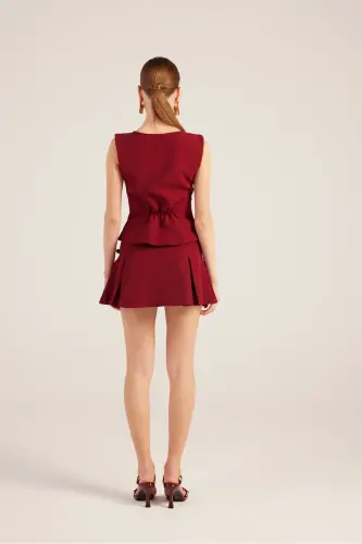 Kurdeleli Yüksek Bel Pilili Mini Elena Şort Etek Bordo-Bordo - 5