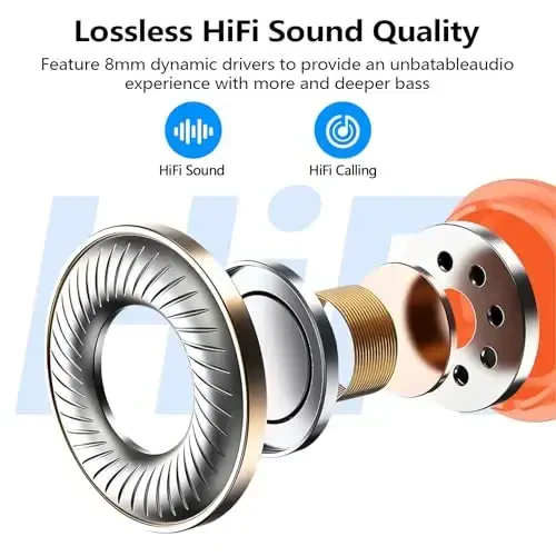 kurdene Беспроводные наушники Bluetooth 5.3 Вкладыши Легкие наушники, Глубокий бас, Встроенные микрофоны Гарнитура, Четкие вызовы Наушники для спортивных тренировок Оранжевый - 3