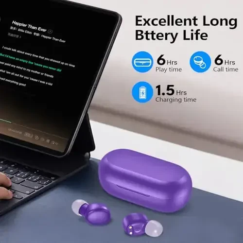 kurdene Беспроводные наушники Bluetooth 5.3 Вкладыши Легкие наушники, глубокий бас, встроенные микрофоны, гарнитура, чистые звонки, наушники для спортивных тренировок фиолетовый - 4