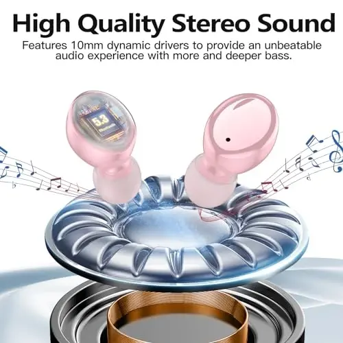 kurdene Wireless Earbuds Bluetooth 5.3 in Ear Buds Light Weight Headphones,Deep Bass Sound,Built in Mics Headset,Clear Calls Earphones for Sports Workout Glossy Bight Pink - 2