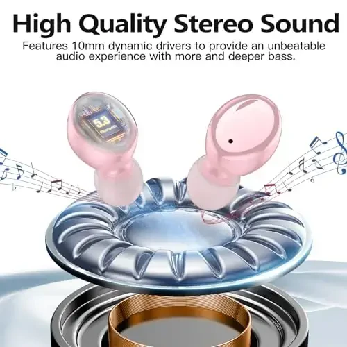 kurdene Wireless Earbuds Bluetooth 5.3 in Ear Buds Light Weight Headphones,Deep Bass Sound,Built in Mics Headset,Clear Calls Earphones for Sports Workout Glossy Bight Pink - 2
