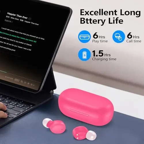 kurdene Kablosuz Kulaklıklar Bluetooth 5.3 Hafif Kulak İçi Kulaklık | Şarj Kutulu Premium Ses Bas Kulaklıkları, Dokunmatik Kontrol, Dahili Mikrofonlu Kulaklık, Spor Antrenmanı İçin Net Aramalar Canlı Pembe - 4