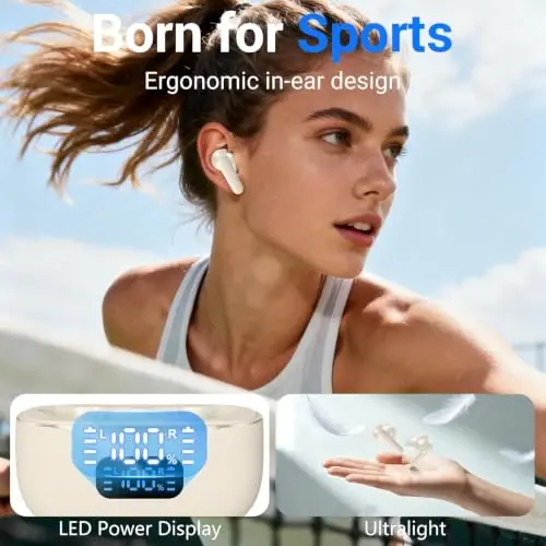 kurdene LED Display Wireless Earbuds Bluetooth 5.4 in Ear Headphones 48H | 48H Playtime,Deep Bass Sound,10mm Clear Calls,Lightweight Headsets Secure Fit for Work,Commute, Gaming, Running ,Skin - 5