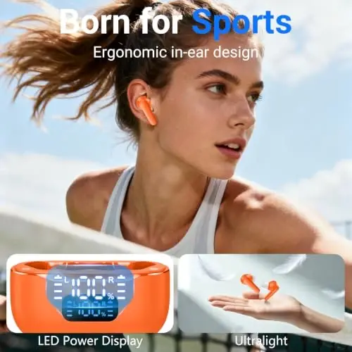 kurdene LED Display Wireless Earbuds Bluetooth 5.4 in Ear Headphones | 48H Playtime,Deep Bass Sound,10mm Clear Calls,Lightweight Headsets Secure Fit for Work, Commute, Gaming, Running,Orange - 3
