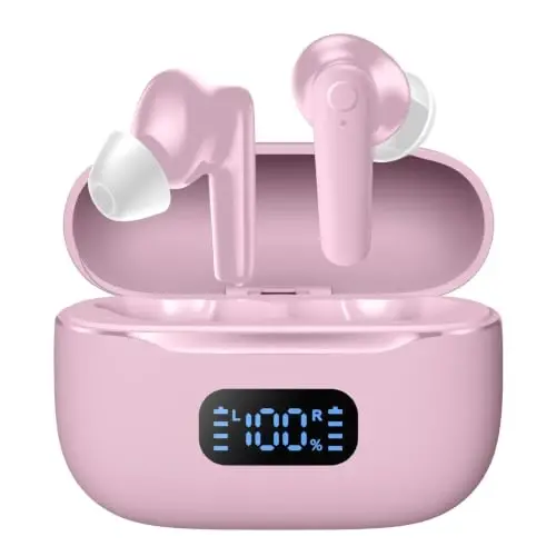 kurdene LED Display Wireless Earbuds Bluetooth 5.4 in Ear Headphones 48Hrs | 48H Playtime,Deep Bass Sound,10mm Clear Calls,Lightweight Headsets Secure Fit for Work, Commute, Gaming, Running,Cherry Pink - 1
