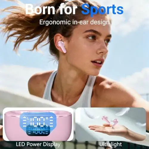kurdene LED Display Wireless Earbuds Bluetooth 5.4 in Ear Headphones 48Hrs | 48H Playtime,Deep Bass Sound,10mm Clear Calls,Lightweight Headsets Secure Fit for Work, Commute, Gaming, Running,Cherry Pink - 4