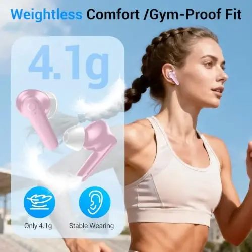 kurdene LED Display Wireless Earbuds Bluetooth 5.4 in Ear Headphones 48Hrs | 48H Playtime,Deep Bass Sound,10mm Clear Calls,Lightweight Headsets Secure Fit for Work, Commute, Gaming, Running,Cherry Pink - 6