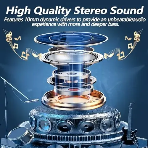 Kurdene P3 Simsiz Quloqchinlar Bluetooth 5.3, Chuqur Bass Stereo Mikrofonli Quloq ichki Quloqchinlar, iPhone va Android uchun Sho'ng'in Premium Ovozli Quloqchinlar - Qora - 6