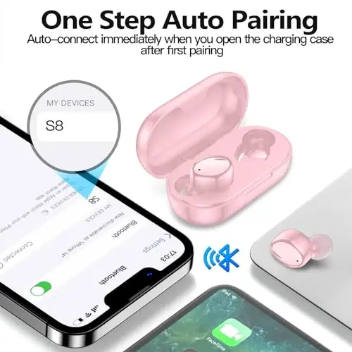 kurdene Simsiz Quloqchinlar Bluetooth 5.3 Quloq Ichidagi Yengil Vaznli Eshitish vositalari, Chuqur Bassli Ovoz, O'rnatilgan Mikrofonli Garnitura, Sport Mashg'ulotlari uchun Toza Qo'ng'iroqlar Eshitish vositasi Yaltiroq Yorqin Pushti - 3