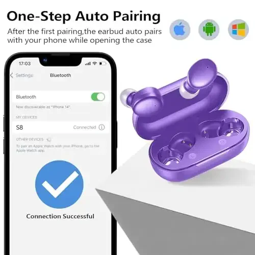 kurdene Simsiz Quloqchinlar Bluetooth 5.3 Quloq ichidagi yengil vaznli naushniklar, chuqur basli ovoz, o'rnatilgan mikrofonli гарнитура, sport mashg'ulotlari uchun aniq qo'ng'iroqli quloqchinlar binafsha - 2