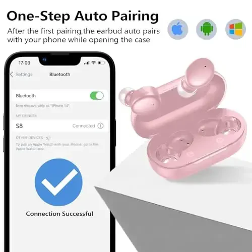 kurdene Simsiz Quloqchinlar Bluetooth 5.3 Quloq ichidagi Yengil Vaznli Naushniklar, Chuqur Bass Ovoz, O'rnatilgan Mikrofonli Garnitura, Sport Mashg'ulotlari uchun Aniq Qo'ng'iroqlar Quloqchinlari Pushti - 2
