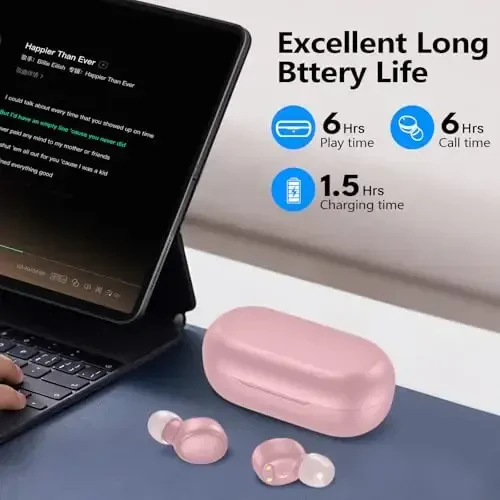 kurdene Simsiz Quloqchinlar Bluetooth 5.3 Quloq ichidagi Yengil Vaznli Naushniklar, Chuqur Bass Ovoz, O'rnatilgan Mikrofonli Garnitura, Sport Mashg'ulotlari uchun Aniq Qo'ng'iroqlar Quloqchinlari Pushti - 4