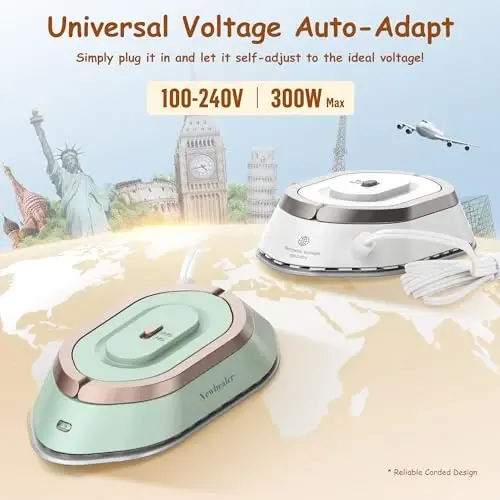 Newbealer Travel Iron with Global Voltage, 100-240V Mini Dry Iron for Clothes (No Steam), Max 300W, 60s Heat Up, 302℉ Non-Stick Ceramic Soleplate, 0.8lbs Ultra-Lightweight (Silver) - 3