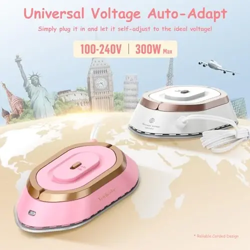 Newbealer Travel Iron with Global Voltage, 100-240V Mini Dry Iron for Clothes (No Steam), Max 300W, 60s Heat Up, 302℉ Non-Stick Ceramic Soleplate, 0.8lbs Ultra-Lightweight (Pink) - 3