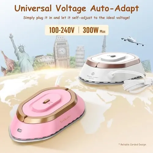 Newbealer Travel Iron with Global Voltage, 100-240V Mini Dry Iron for Clothes (No Steam), Max 300W, 60s Heat Up, 302℉ Non-Stick Ceramic Soleplate, 0.8lbs (Gold with Hard Case) - 3