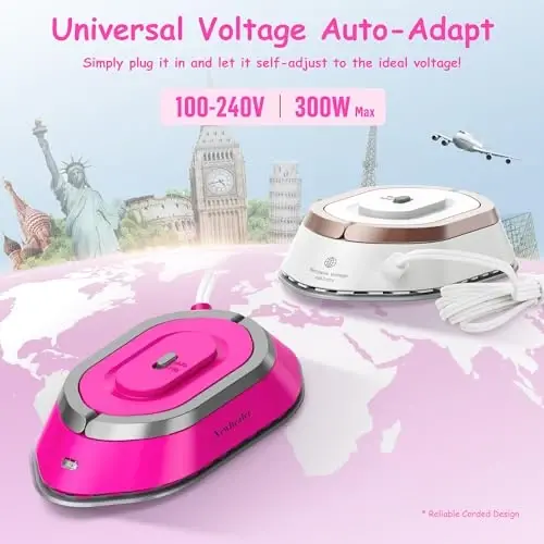 Newbealer Travel Iron with Global Voltage, 100-240V Mini Dry Iron for Clothes (No Steam), Max 300W, 60s Heat Up, 302℉ Non-Stick Ceramic Soleplate, 0.8lbs Ultra-Lightweight (Hotpink) - 3