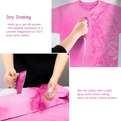 Newbealer Travel Iron with Global Voltage, 100-240V Mini Dry Iron for Clothes (No Steam), Max 300W, 60s Heat Up, 302℉ Non-Stick Ceramic Soleplate, 0.8lbs Ultra-Lightweight (Hotpink) - 6