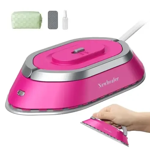 Newbealer Travel Iron with Global Voltage, 100-240V Mini Dry Iron for Clothes (No Steam), Max 300W, 60s Heat Up, 302℉ Non-Stick Ceramic Soleplate, 0.8lbs Ultra-Lightweight (Hotpink) - 1