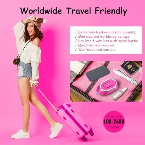 Newbealer Travel Iron with Global Voltage, 100-240V Mini Dry Iron for Clothes (No Steam), Max 300W, 60s Heat Up, 302℉ Non-Stick Ceramic Soleplate, 0.8lbs Ultra-Lightweight (Hotpink) - NEWBEALER (1)