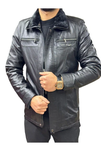 Erkek yakası kürklü fermuarlı deri ceket - 3