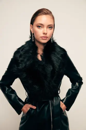 Kürk Detaylı Deri Ceket - Siyah-SİYAH - 6