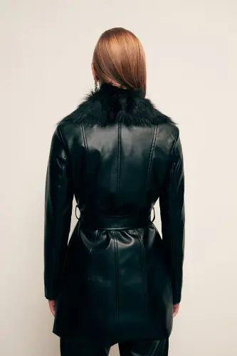 Kürk Detaylı Deri Ceket - Siyah-SİYAH - 8